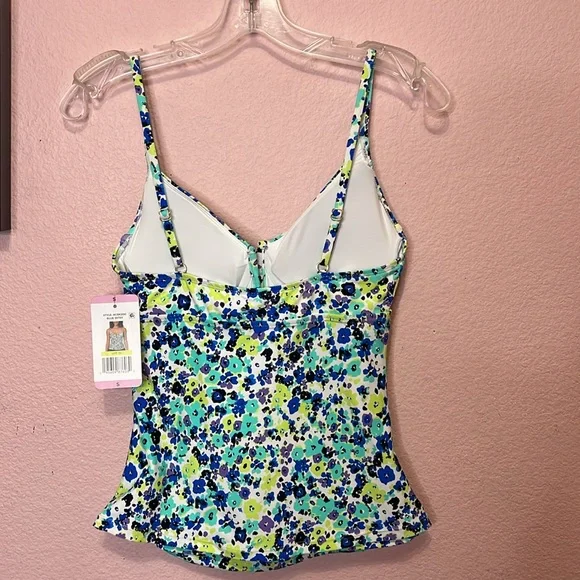 Anne Cole Ladies Tankini Swim Top Blue Ditsy w/ Purple. Size S - Picture 8 of 11